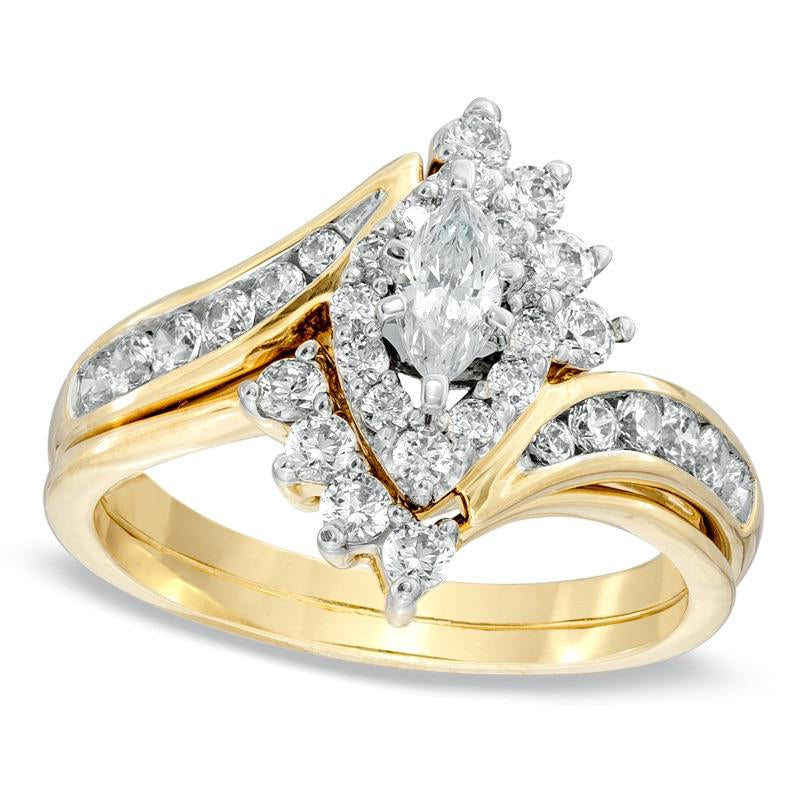 1.0 CT. T.W. Marquise Natural Diamond Tri-Sides Bypass Bridal Engagement Ring Set in Solid 14K Gold
