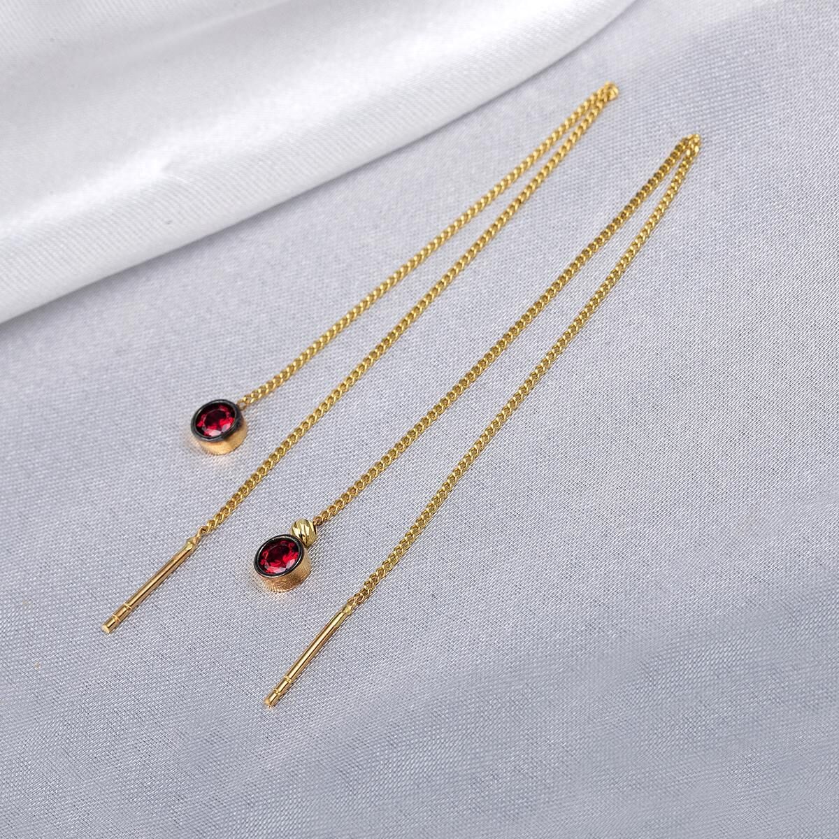14K Yellow Gold Fuchsia Cubic Zirconia Chain Earrings