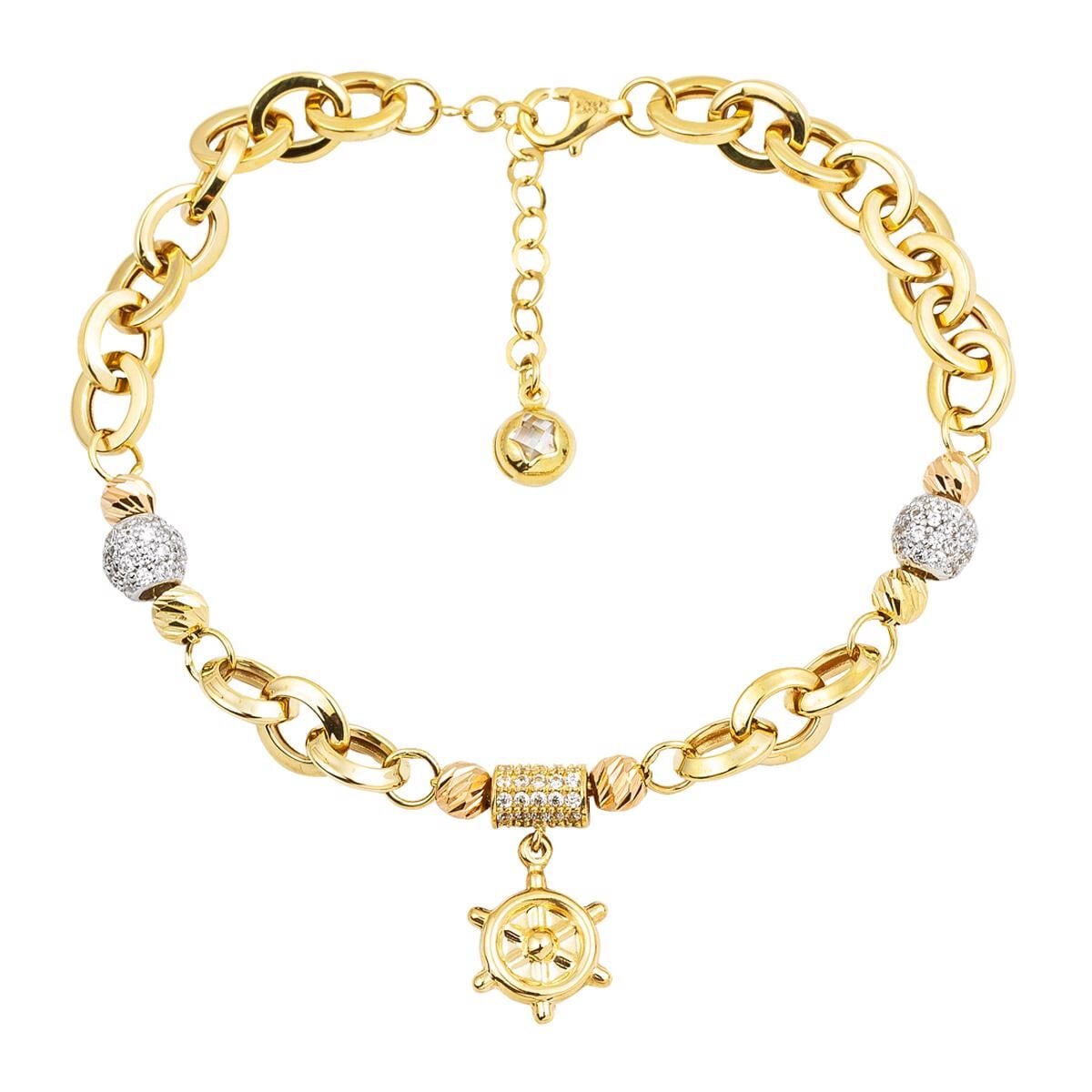 14K Yellow Gold Ship Wheel Hoop Cubic Zirconia Bracelet