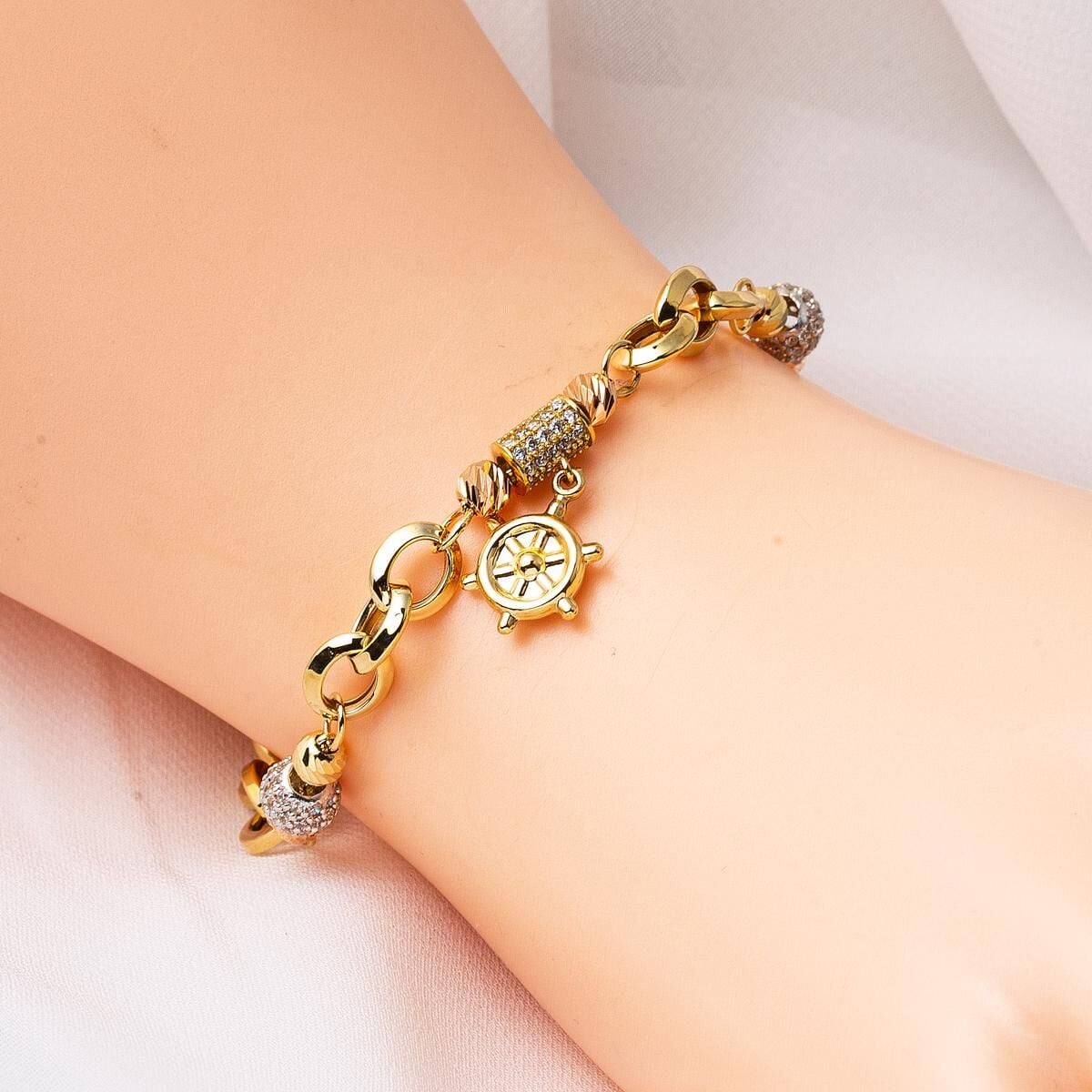 14K Yellow Gold Ship Wheel Hoop Cubic Zirconia Bracelet