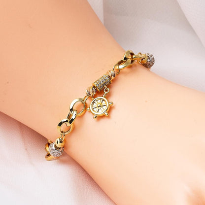 14K Yellow Gold Ship Wheel Hoop Cubic Zirconia Bracelet