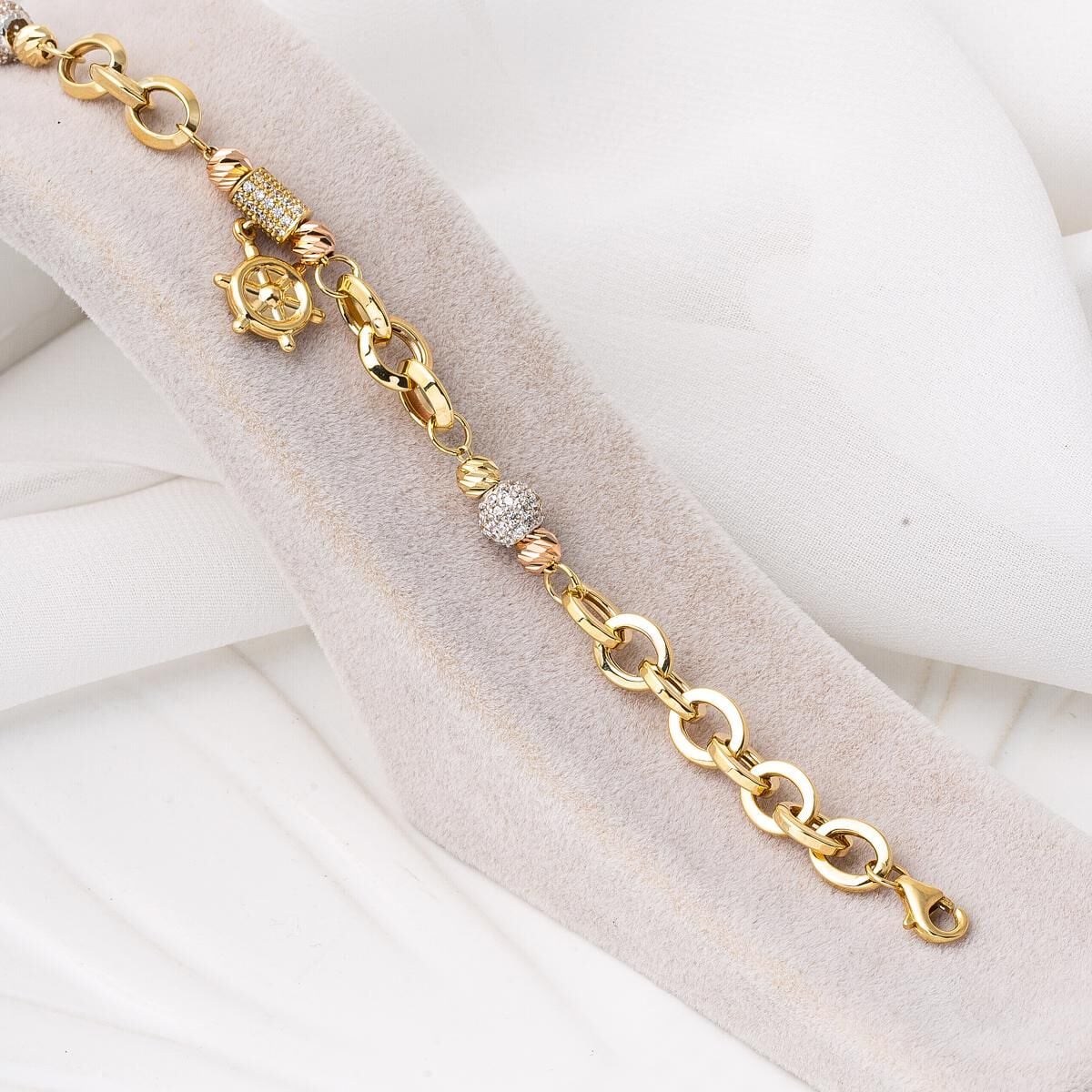 14K Yellow Gold Ship Wheel Hoop Cubic Zirconia Bracelet