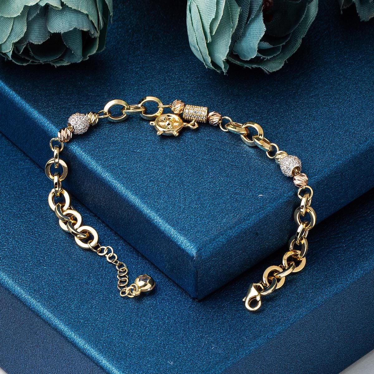 14K Yellow Gold Ship Wheel Hoop Cubic Zirconia Bracelet