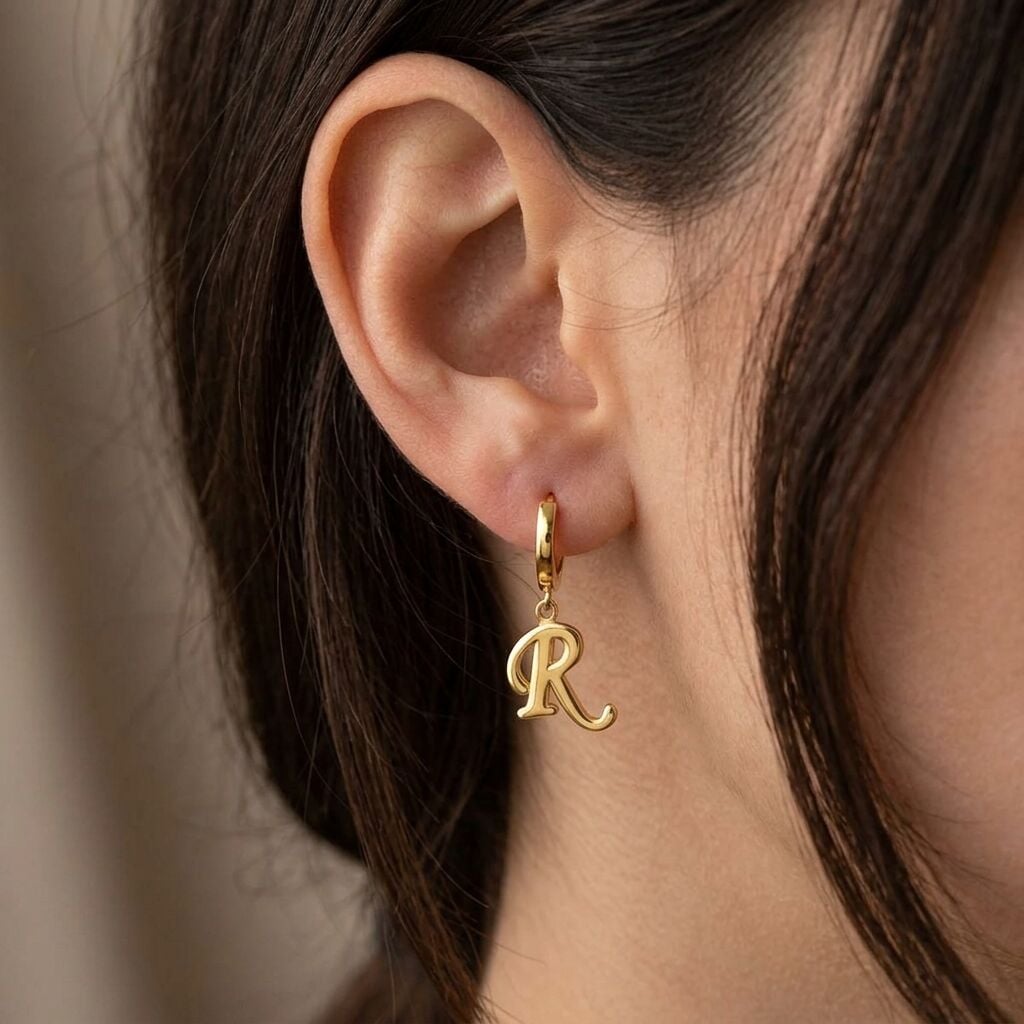 14K Yellow Gold Initial R Hoop Dangle Earrings
