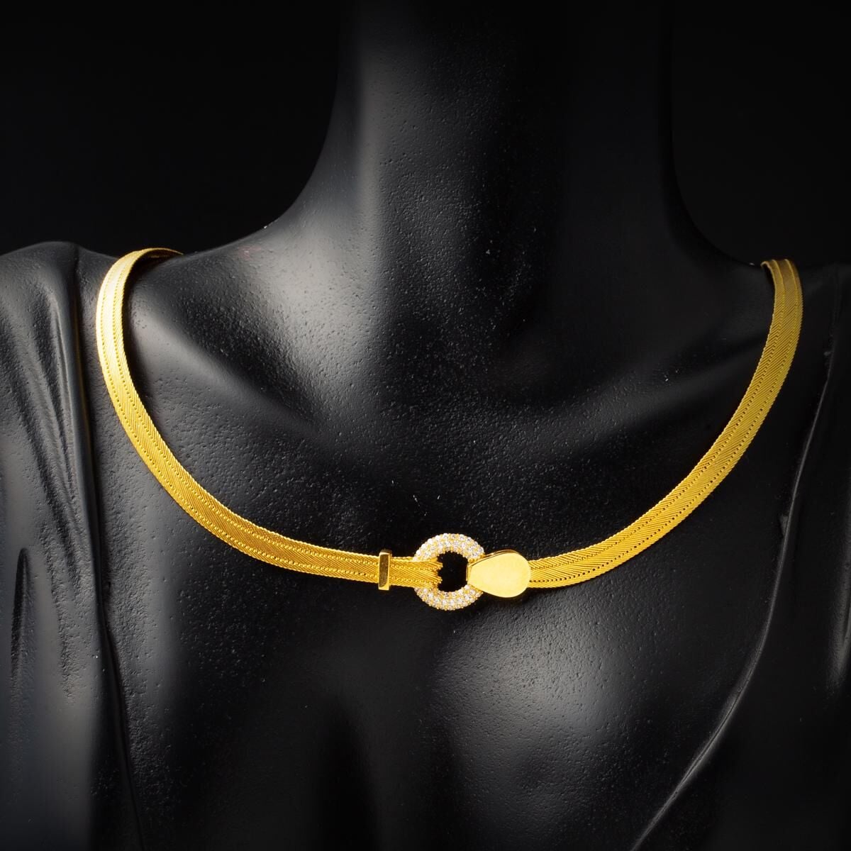 22K Yellow Gold Mesh Cubic Zirconia Collar Necklace & Bracelet Set