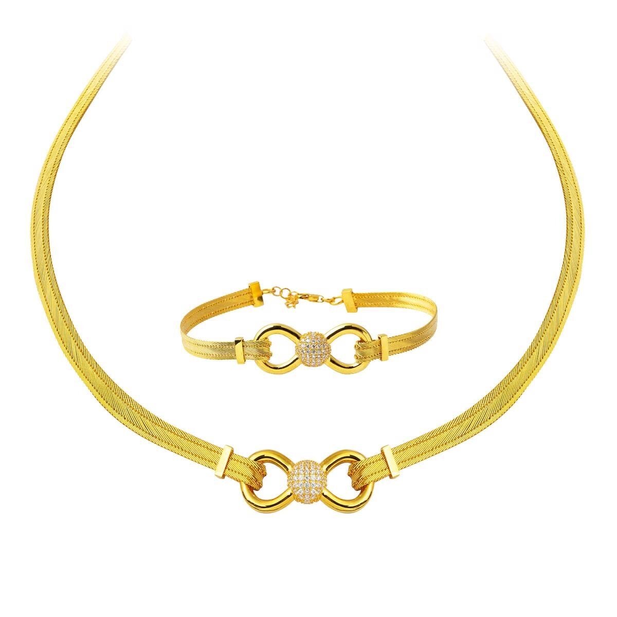 22K Yellow Gold Mesh Cubic Zirconia Collar Necklace & Bracelet Set (29 g)