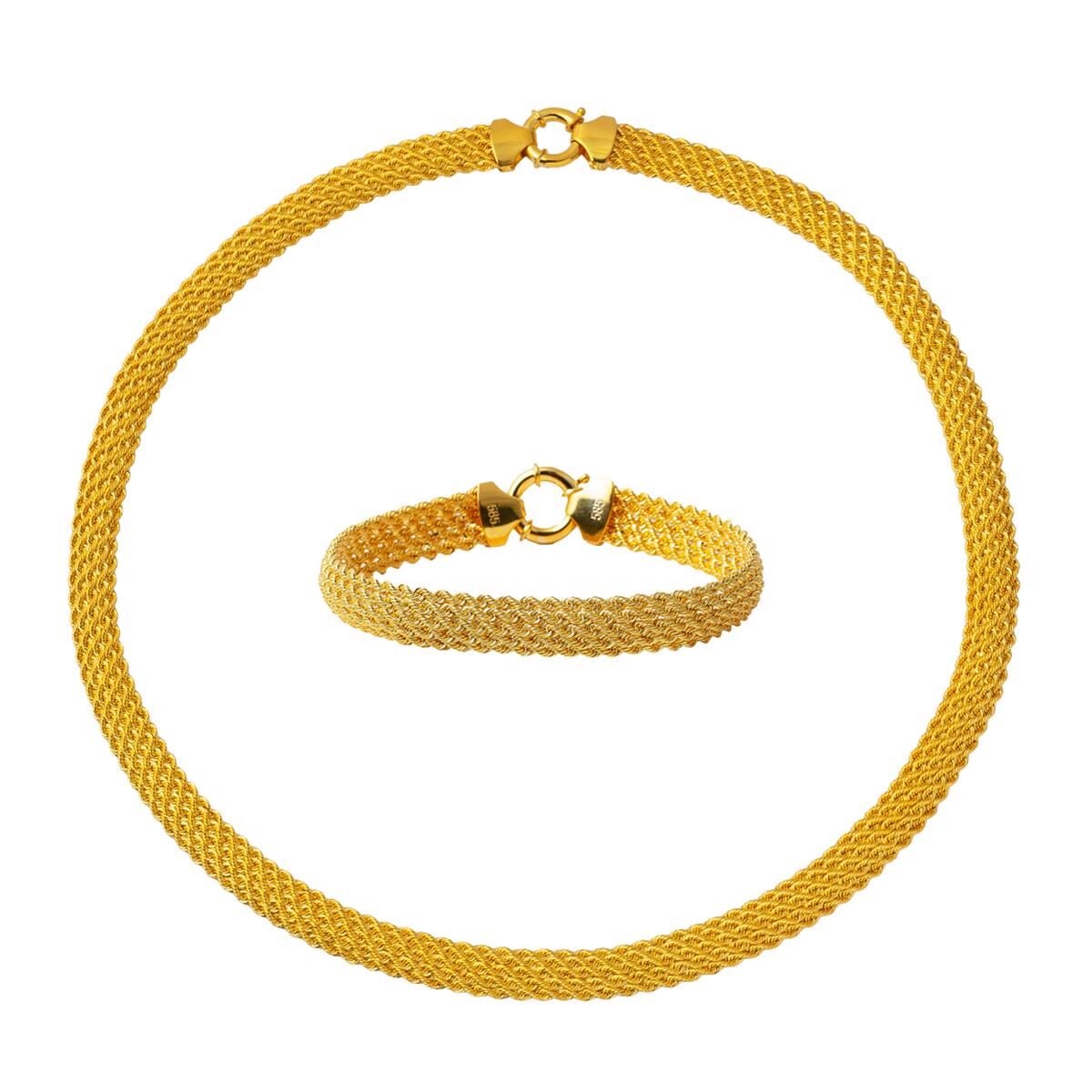 14K Yellow Gold Mesh Braided Collar Necklace & Bracelet Set