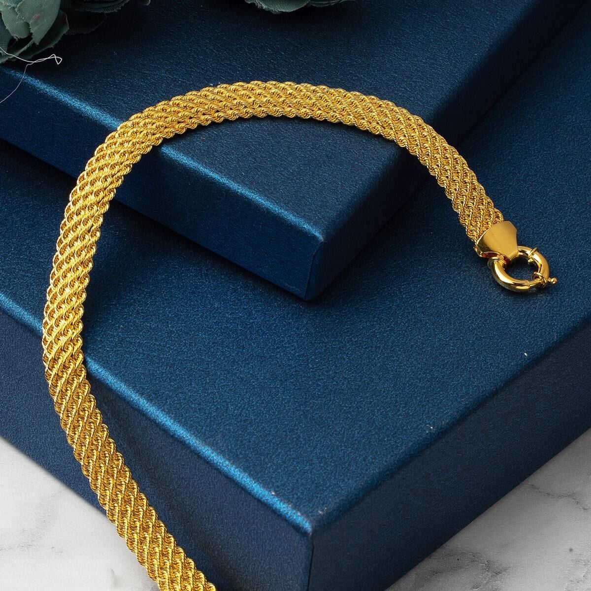 14K Yellow Gold Mesh Braided Collar Necklace & Bracelet Set