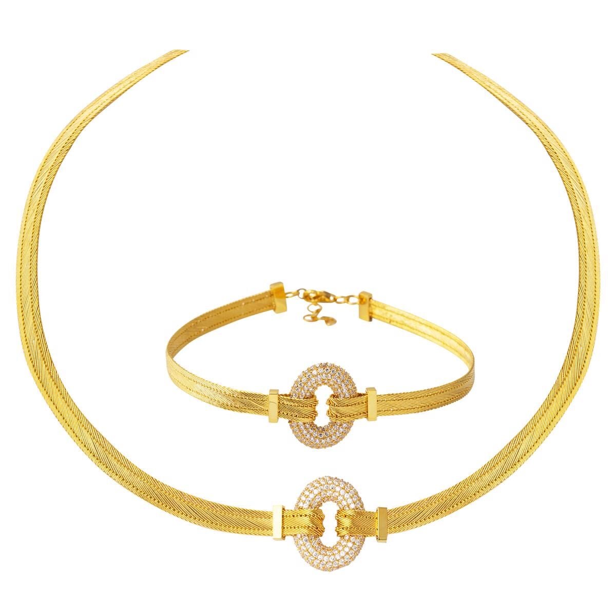 14K Yellow Gold Trabzon Mesh Cubic Zirconia Collar Necklace & Bracelet Set (23.69 g)