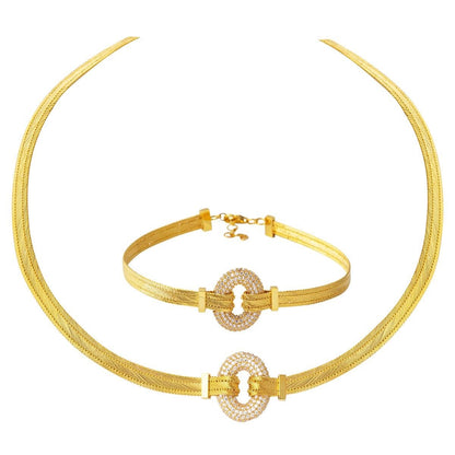 14K Yellow Gold Trabzon Mesh Cubic Zirconia Collar Necklace & Bracelet Set (23.69 g)
