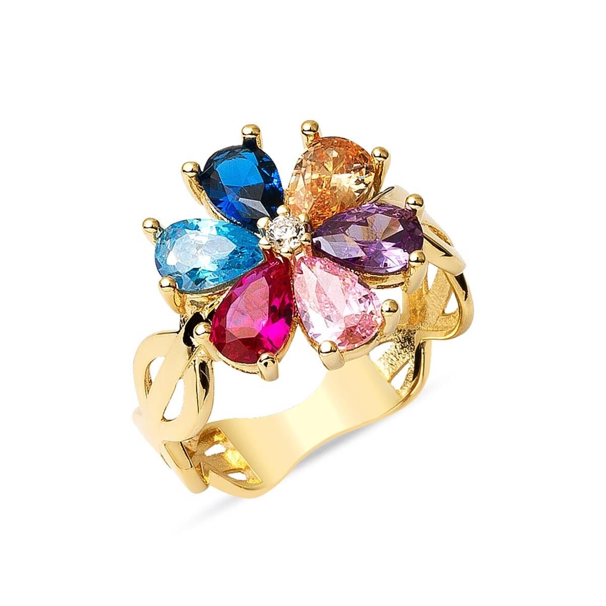 14K Yellow Gold Rainbow Teardrop Cubic Zirconia Ring