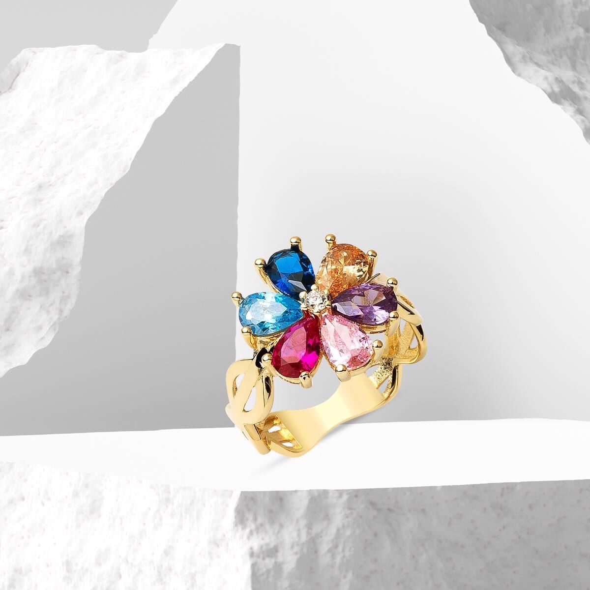 14K Yellow Gold Rainbow Teardrop Cubic Zirconia Ring
