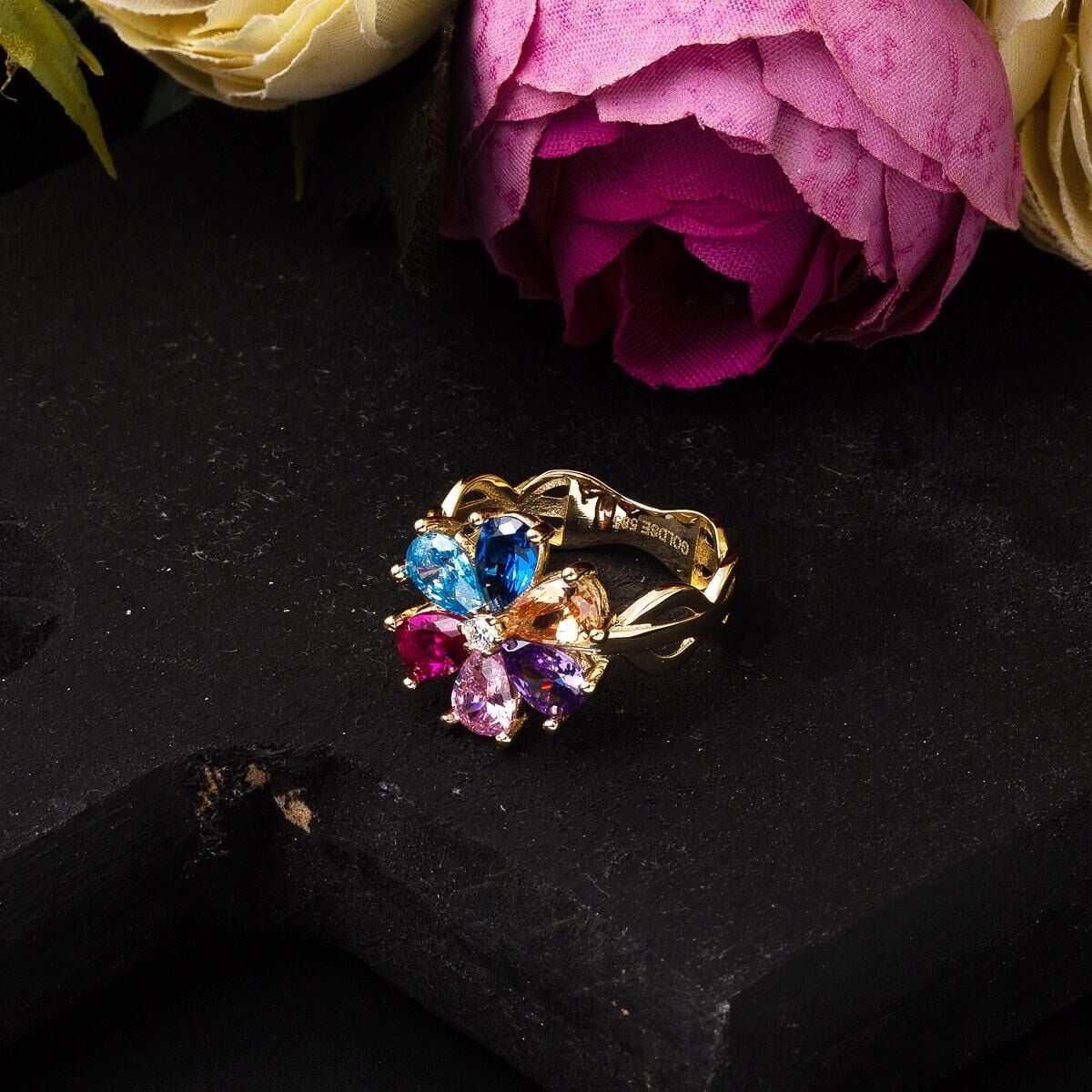 14K Yellow Gold Rainbow Teardrop Cubic Zirconia Ring