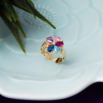 14K Yellow Gold Rainbow Teardrop Cubic Zirconia Ring