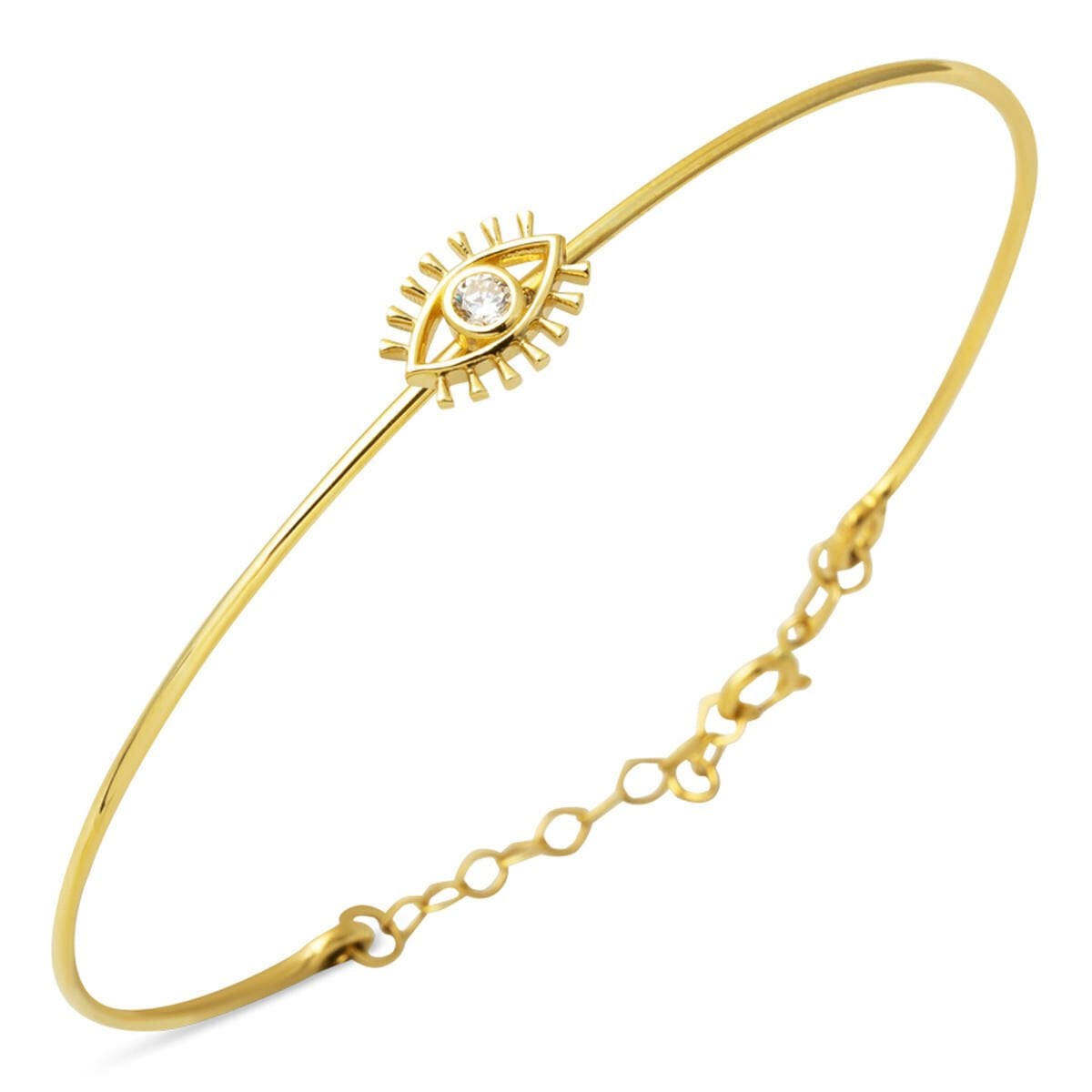 14K Yellow Gold Eye Minimalist Cubic Zirconia Hinged Cuff Bangle