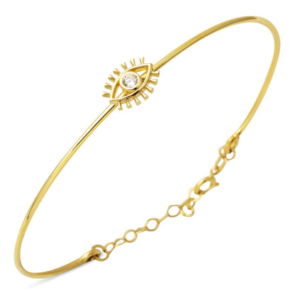 14K Yellow Gold Eye Minimalist Cubic Zirconia Hinged Cuff Bangle