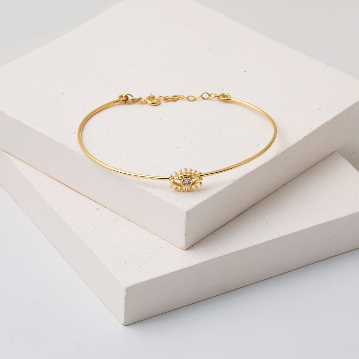 14K Yellow Gold Eye Minimalist Cubic Zirconia Hinged Cuff Bangle