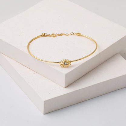 14K Yellow Gold Eye Minimalist Cubic Zirconia Hinged Cuff Bangle