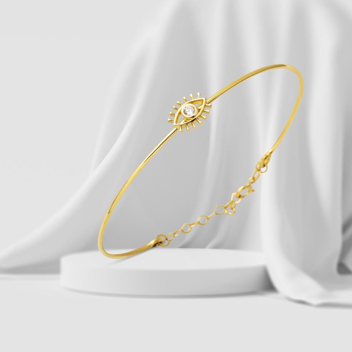 14K Yellow Gold Eye Minimalist Cubic Zirconia Hinged Cuff Bangle