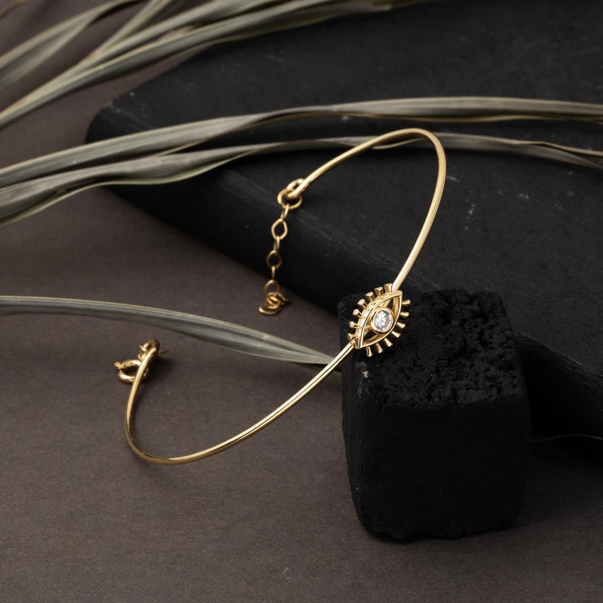 14K Yellow Gold Eye Minimalist Cubic Zirconia Hinged Cuff Bangle