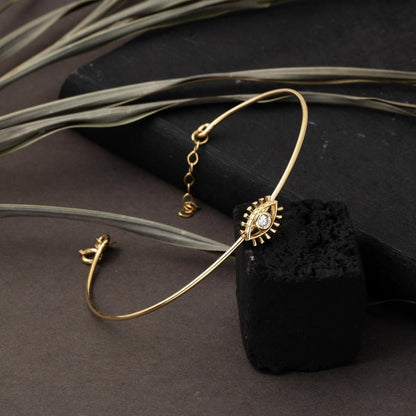14K Yellow Gold Eye Minimalist Cubic Zirconia Hinged Cuff Bangle