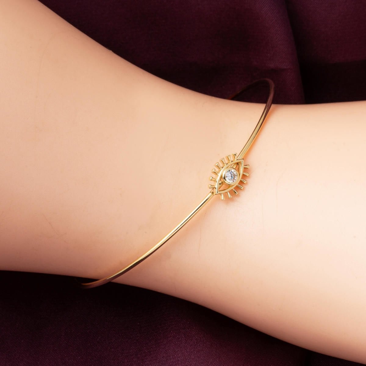 14K Yellow Gold Eye Minimalist Cubic Zirconia Hinged Cuff Bangle