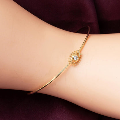 14K Yellow Gold Eye Minimalist Cubic Zirconia Hinged Cuff Bangle