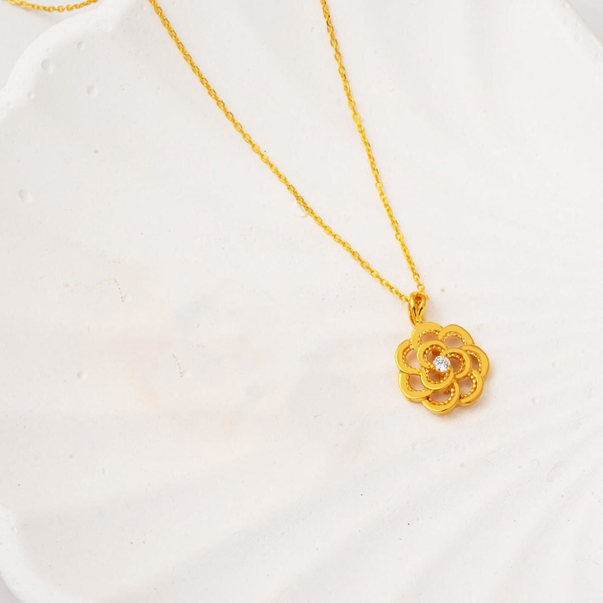 22K Yellow Gold Rose Cubic Zirconia Necklace