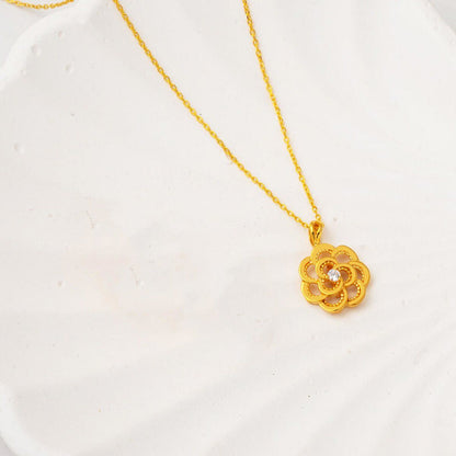 22K Yellow Gold Rose Cubic Zirconia Necklace