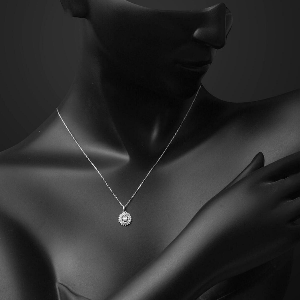 14K White Gold Sun Baguette Cubic Zirconia Necklace