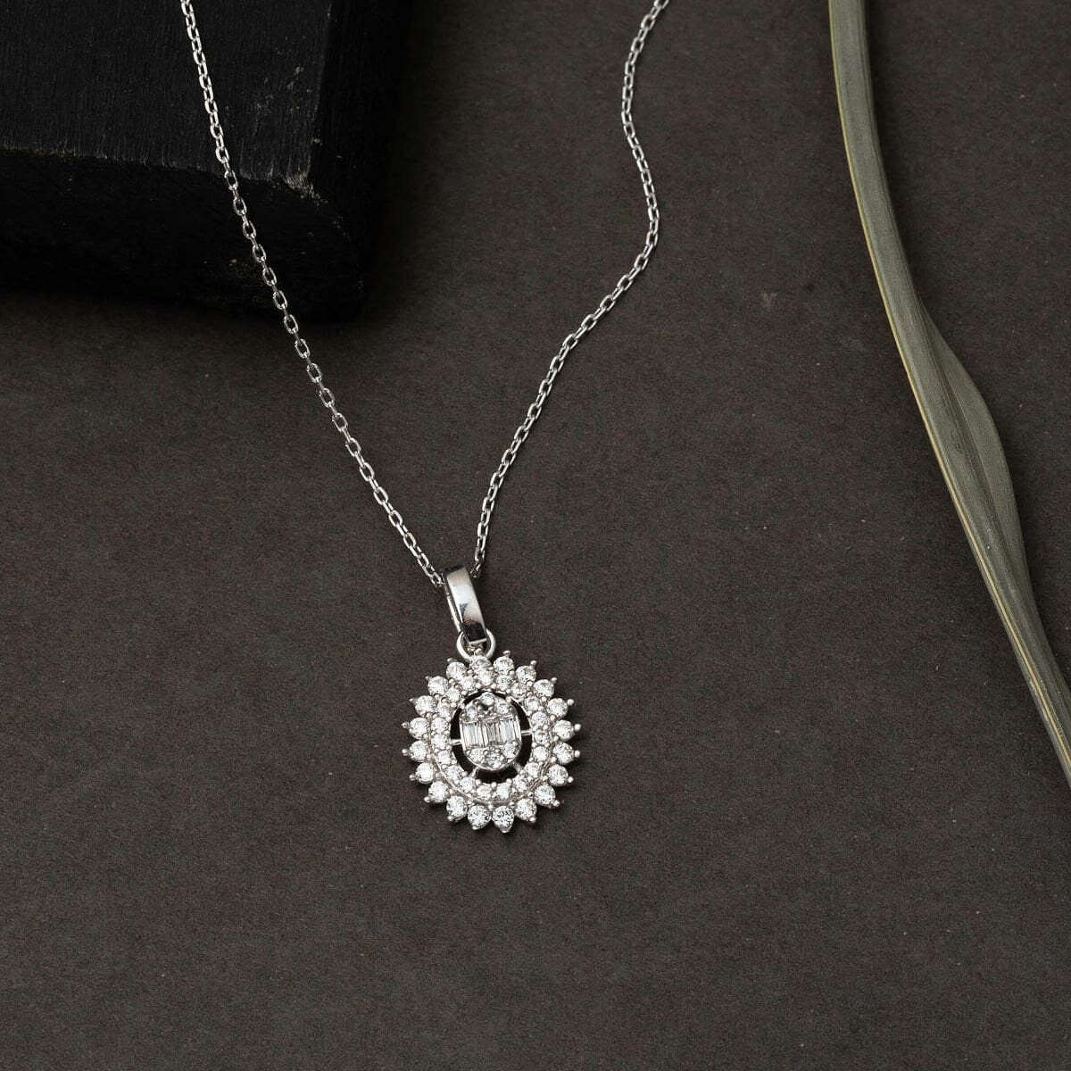 14K White Gold Sun Baguette Cubic Zirconia Necklace