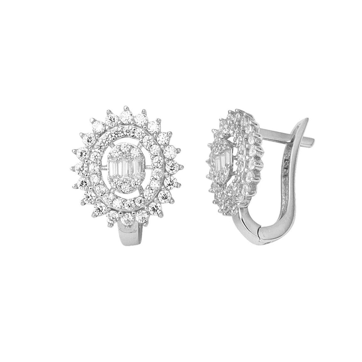 14K White Gold Sun Design Baguette Minimalist Cubic Zirconia Earrings