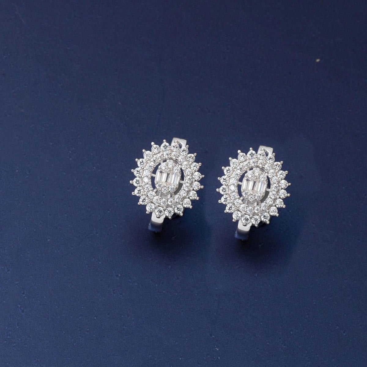 14K White Gold Sun Design Baguette Minimalist Cubic Zirconia Earrings