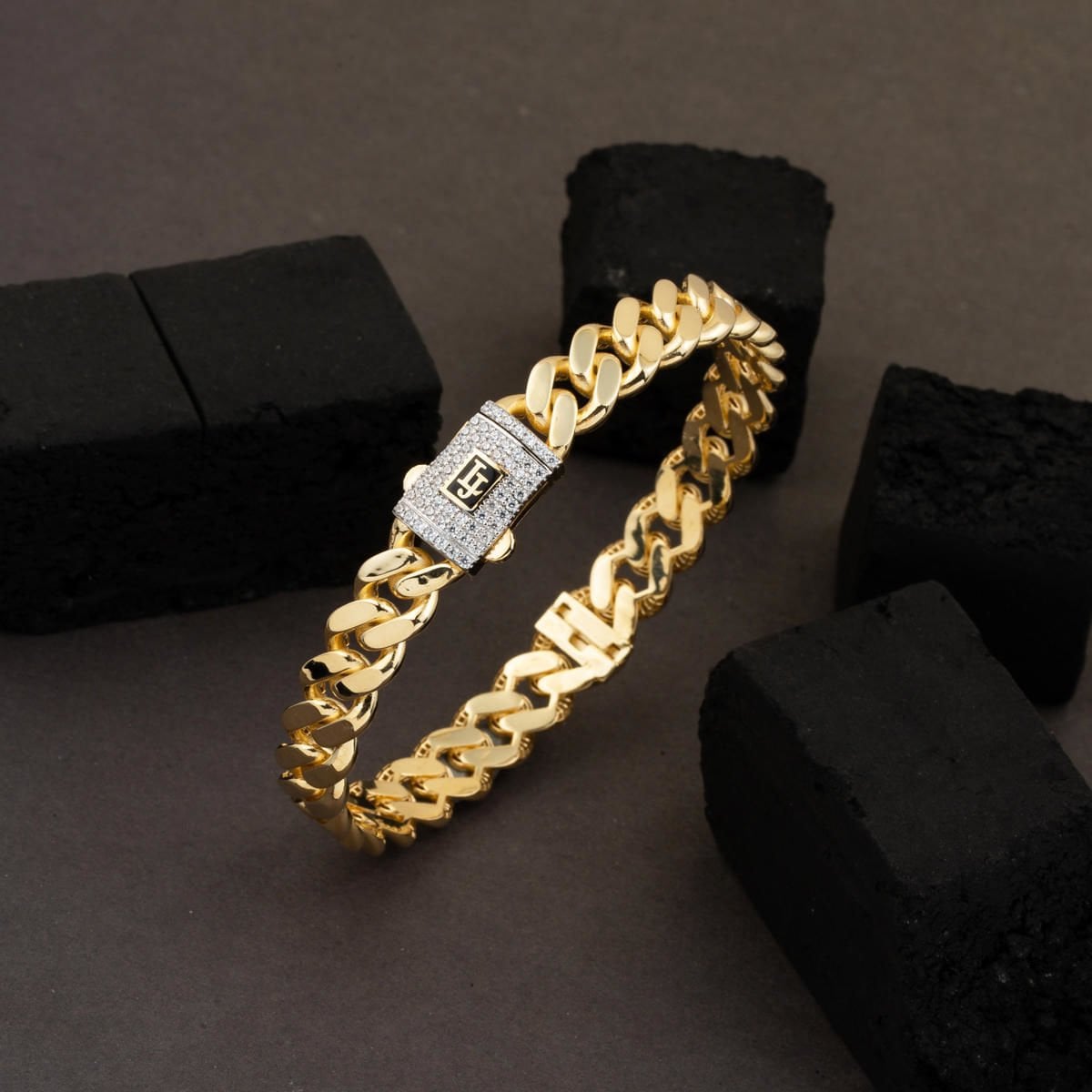 14K Yellow Gold Curb Cubic Zirconia Hinged Cuff