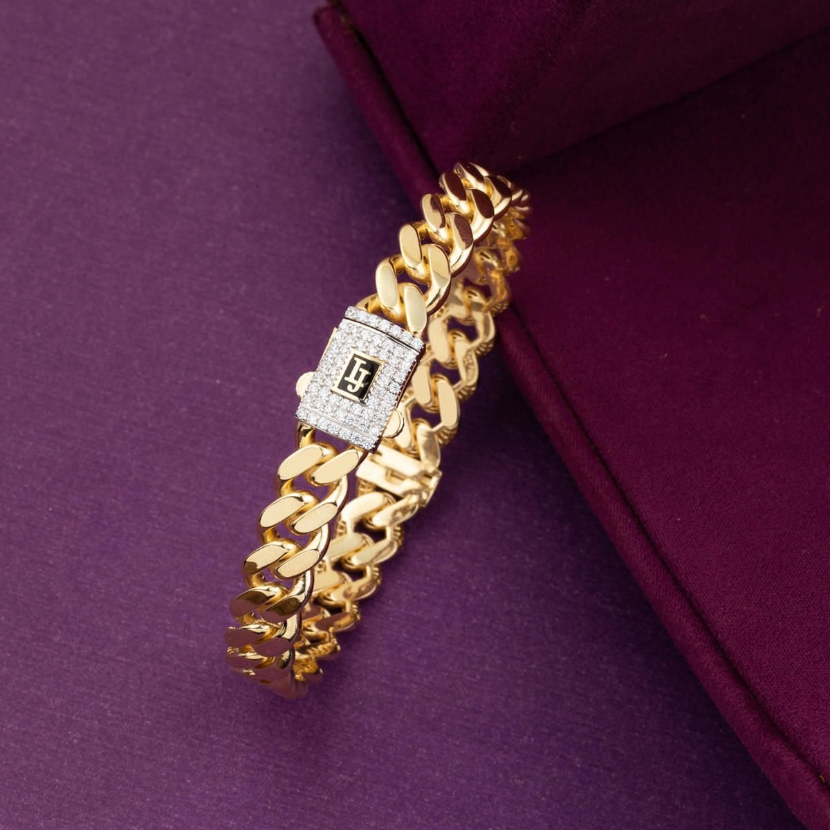 14K Yellow Gold Curb Cubic Zirconia Hinged Cuff