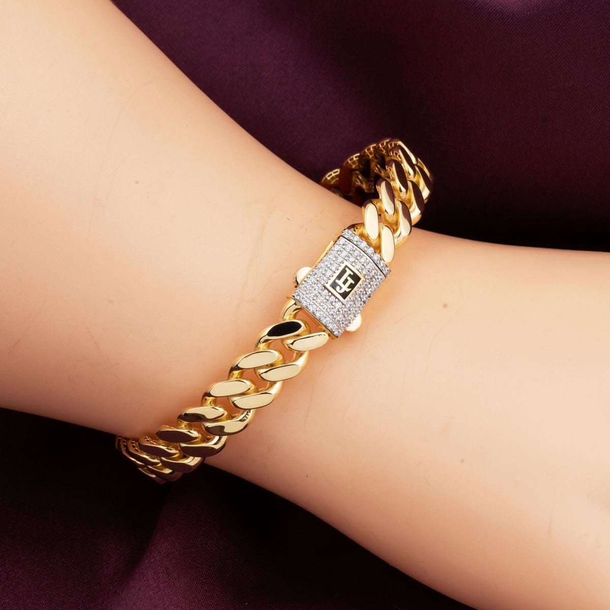14K Yellow Gold Curb Cubic Zirconia Hinged Cuff