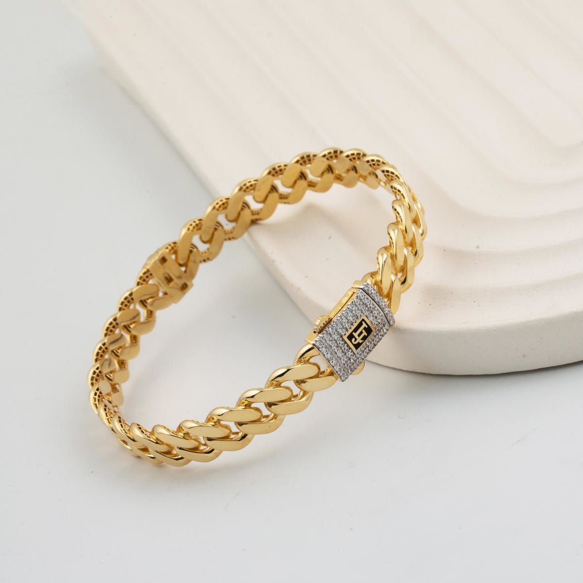 14K Yellow Gold Curb Cubic Zirconia Hinged Cuff
