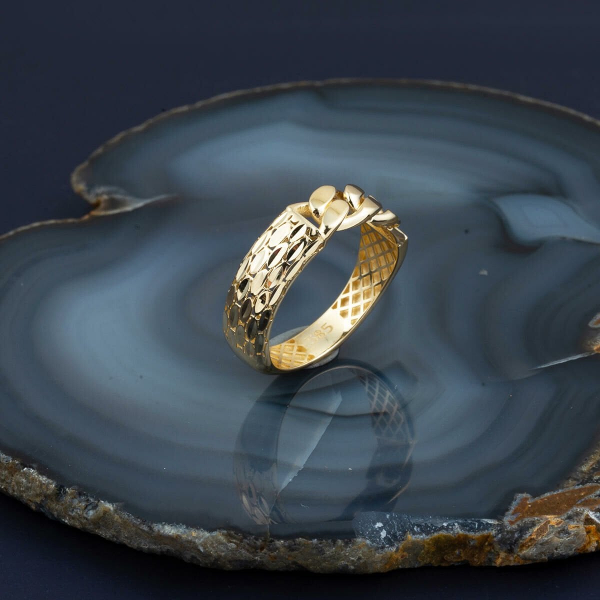 14K Yellow Gold Curb Herringbone Ring
