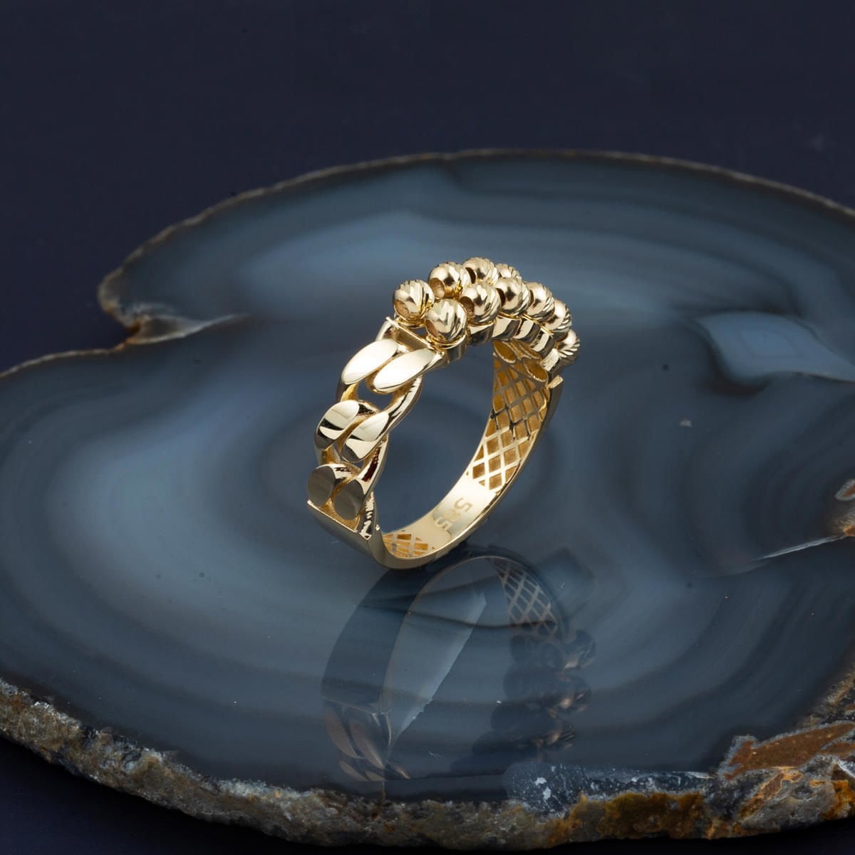 14K Yellow Gold Curb Gold Bead Design Ring