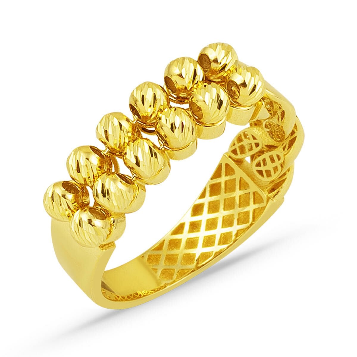 14K Yellow Gold Curb Gold Bead Design Ring