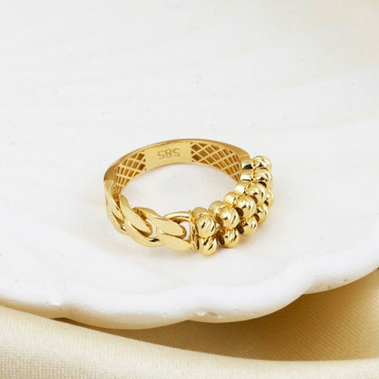 14K Yellow Gold Curb Gold Bead Design Ring