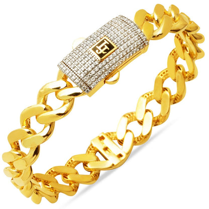 14K Yellow Gold Curb Hinged Cuff Cubic Zirconia Bracelet