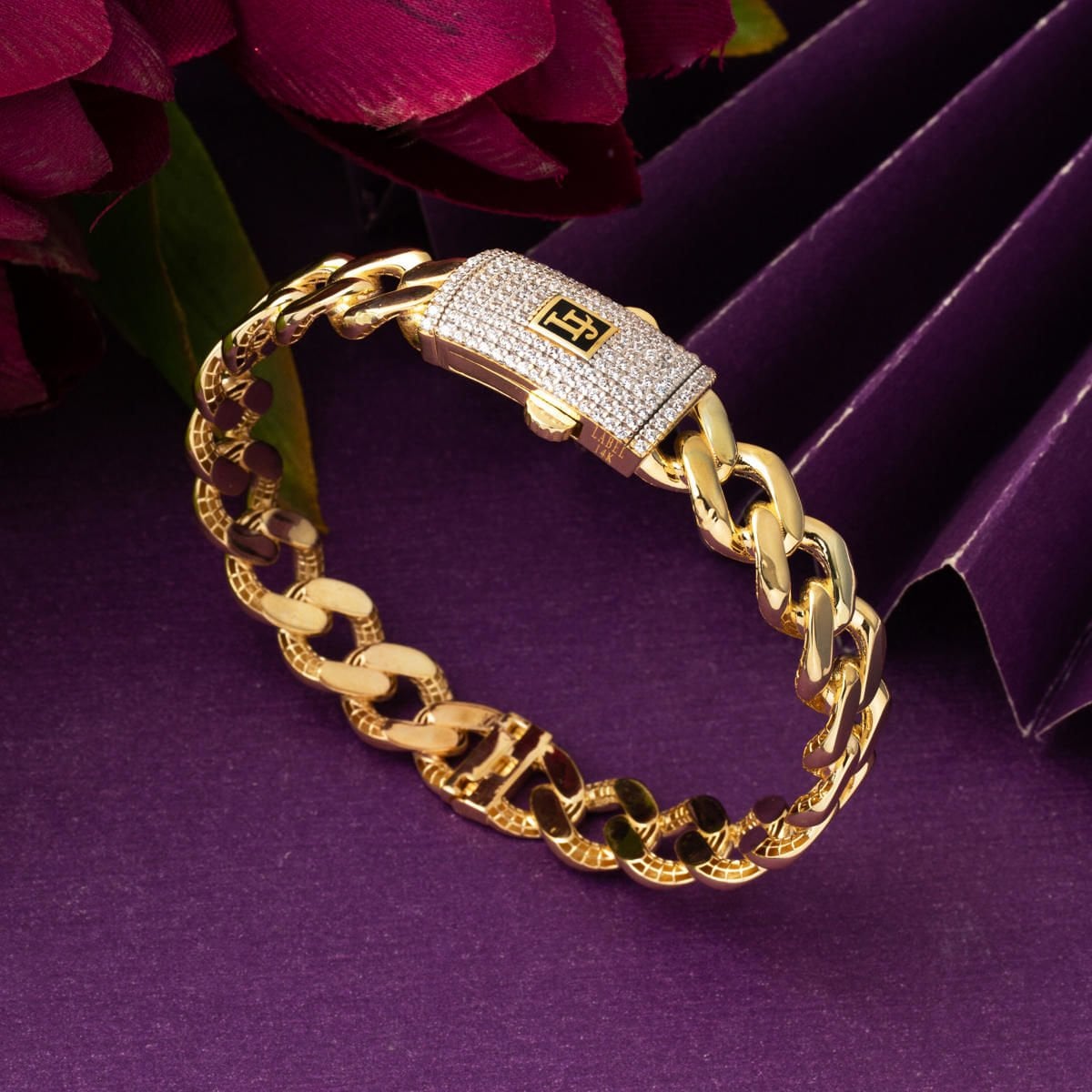 14K Yellow Gold Curb Hinged Cuff Cubic Zirconia Bracelet