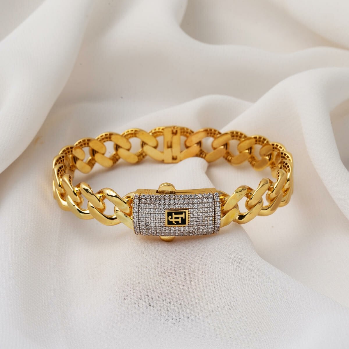 14K Yellow Gold Curb Hinged Cuff Cubic Zirconia Bracelet