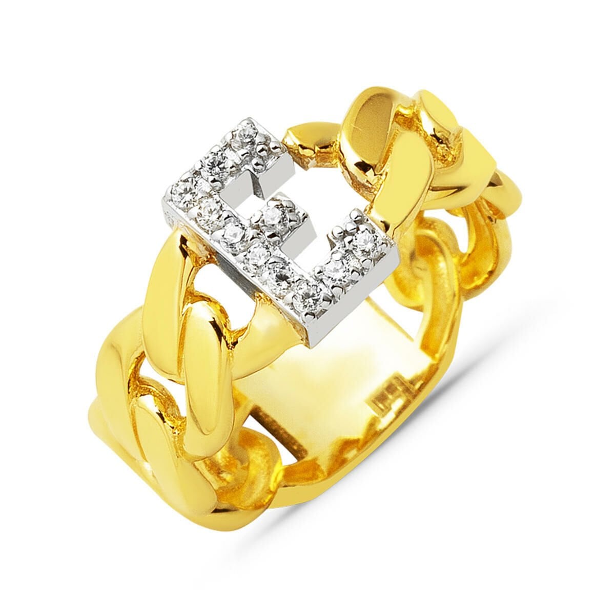 14K Yellow Gold Curb Initial Cubic Zirconia Ring