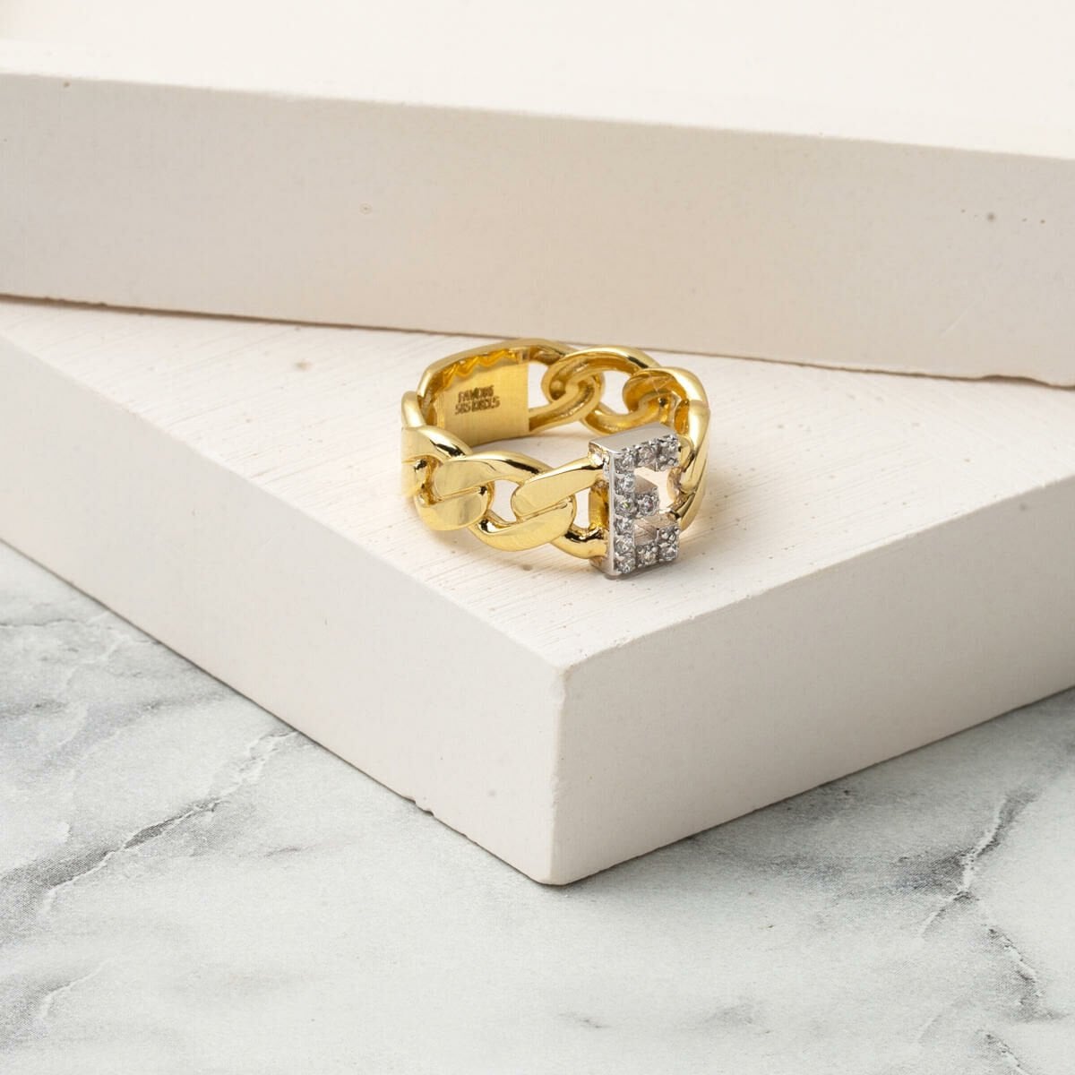 14K Yellow Gold Curb Initial Cubic Zirconia Ring