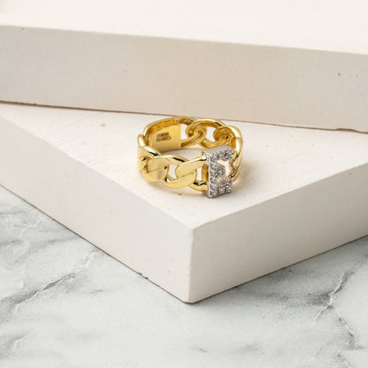 14K Yellow Gold Curb Initial Cubic Zirconia Ring