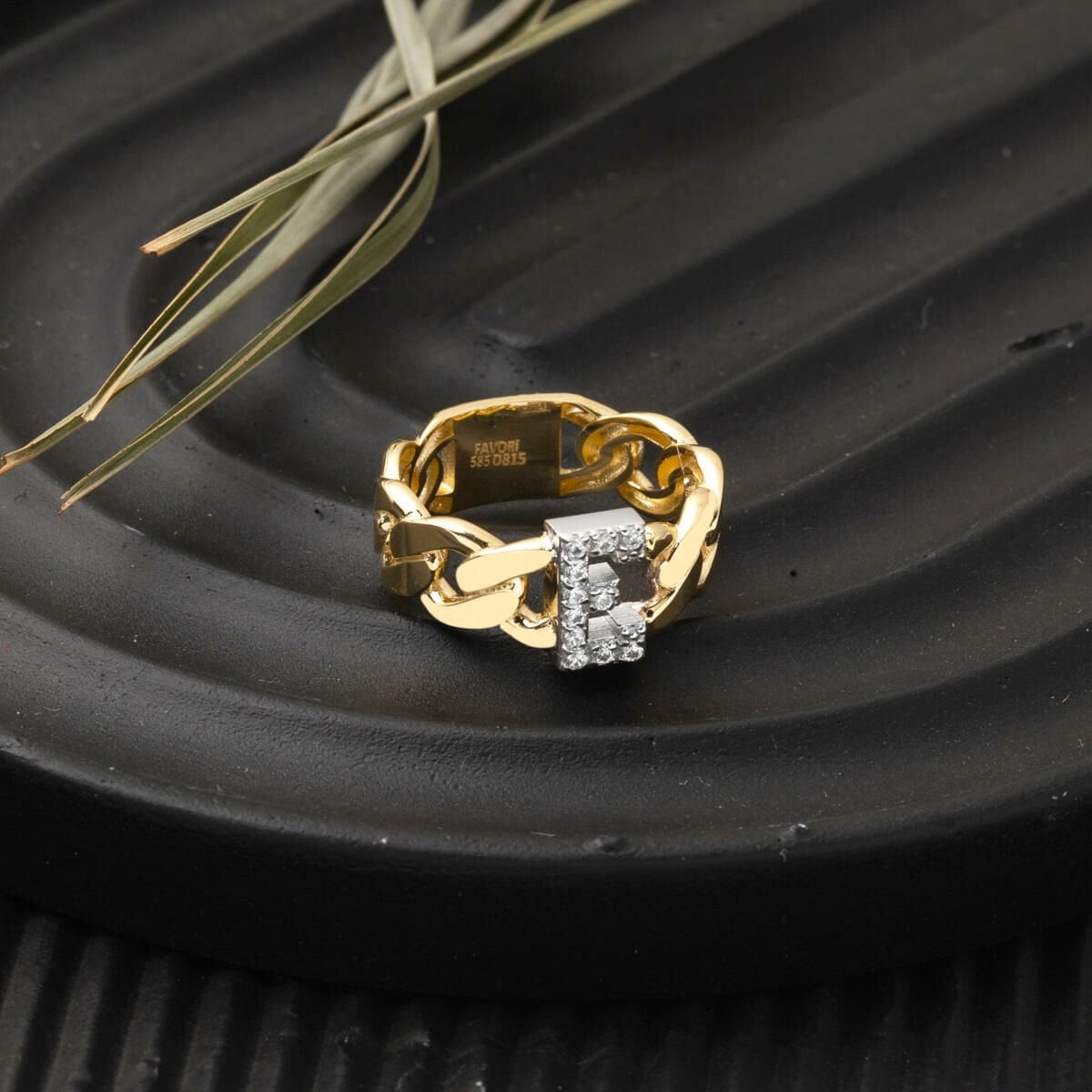 14K Yellow Gold Curb Initial Cubic Zirconia Ring