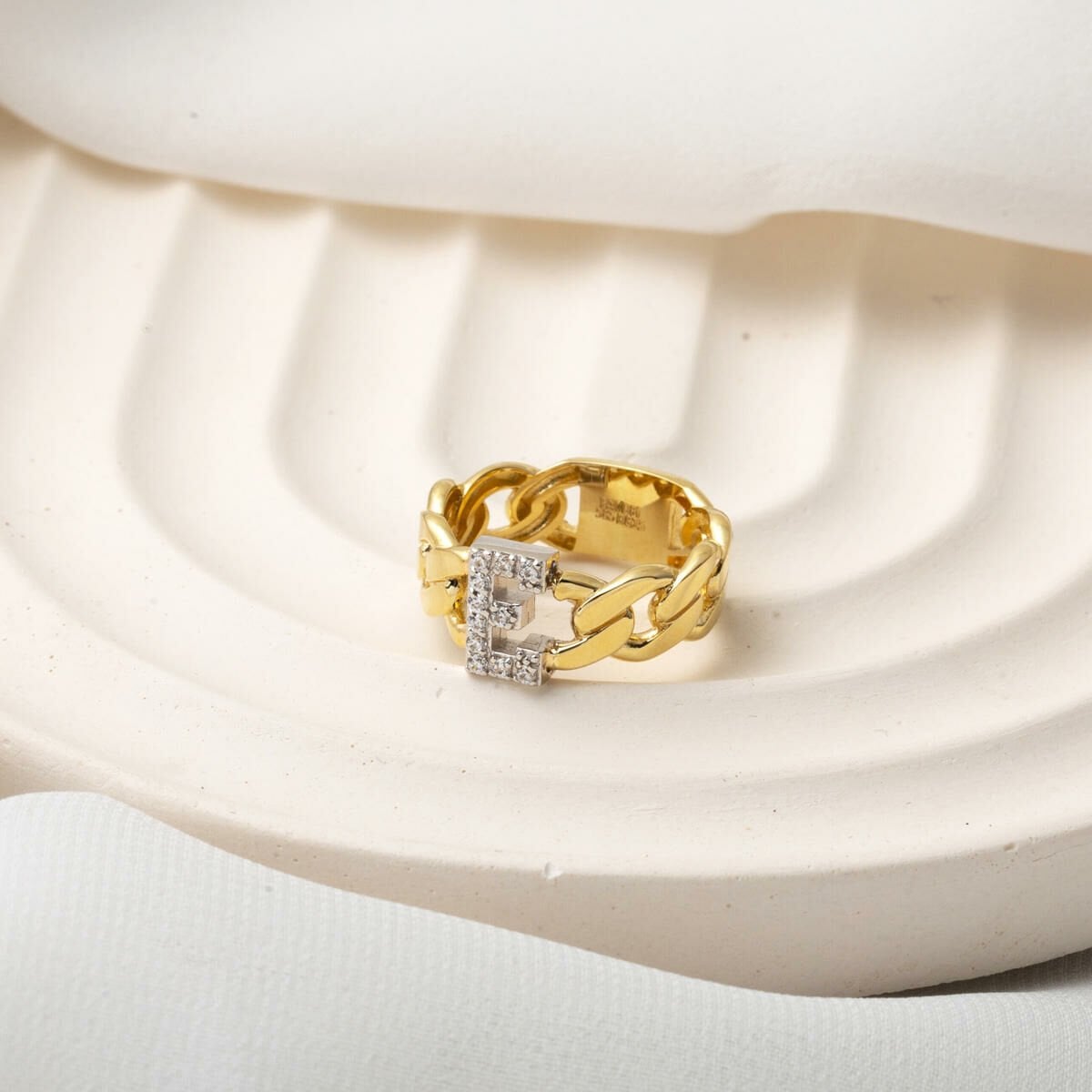 14K Yellow Gold Curb Initial Cubic Zirconia Ring