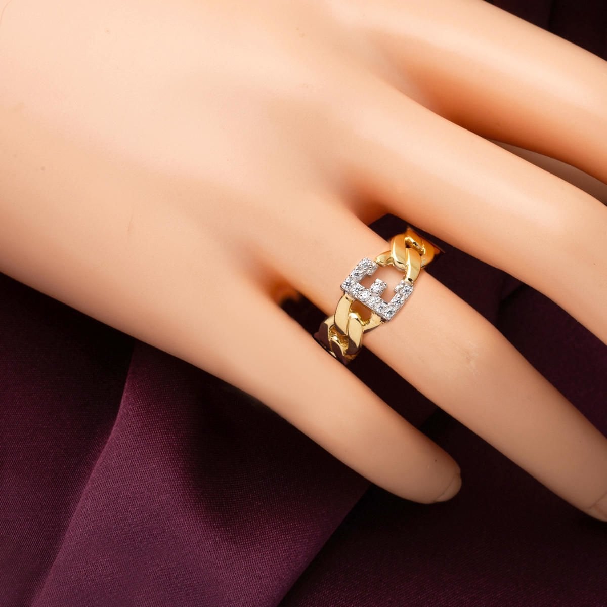 14K Yellow Gold Curb Initial Cubic Zirconia Ring